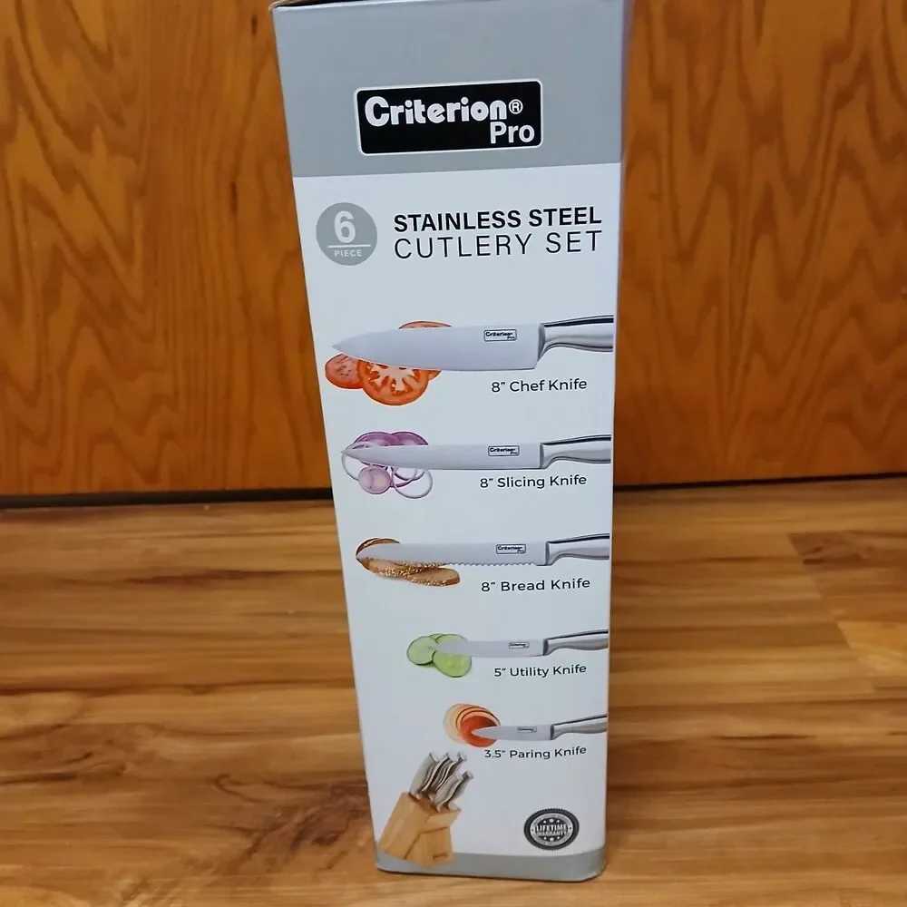 CRITERION Pro 6-Piece Stainless Steel Kitchen Knife Set with Wooden Block NEW
